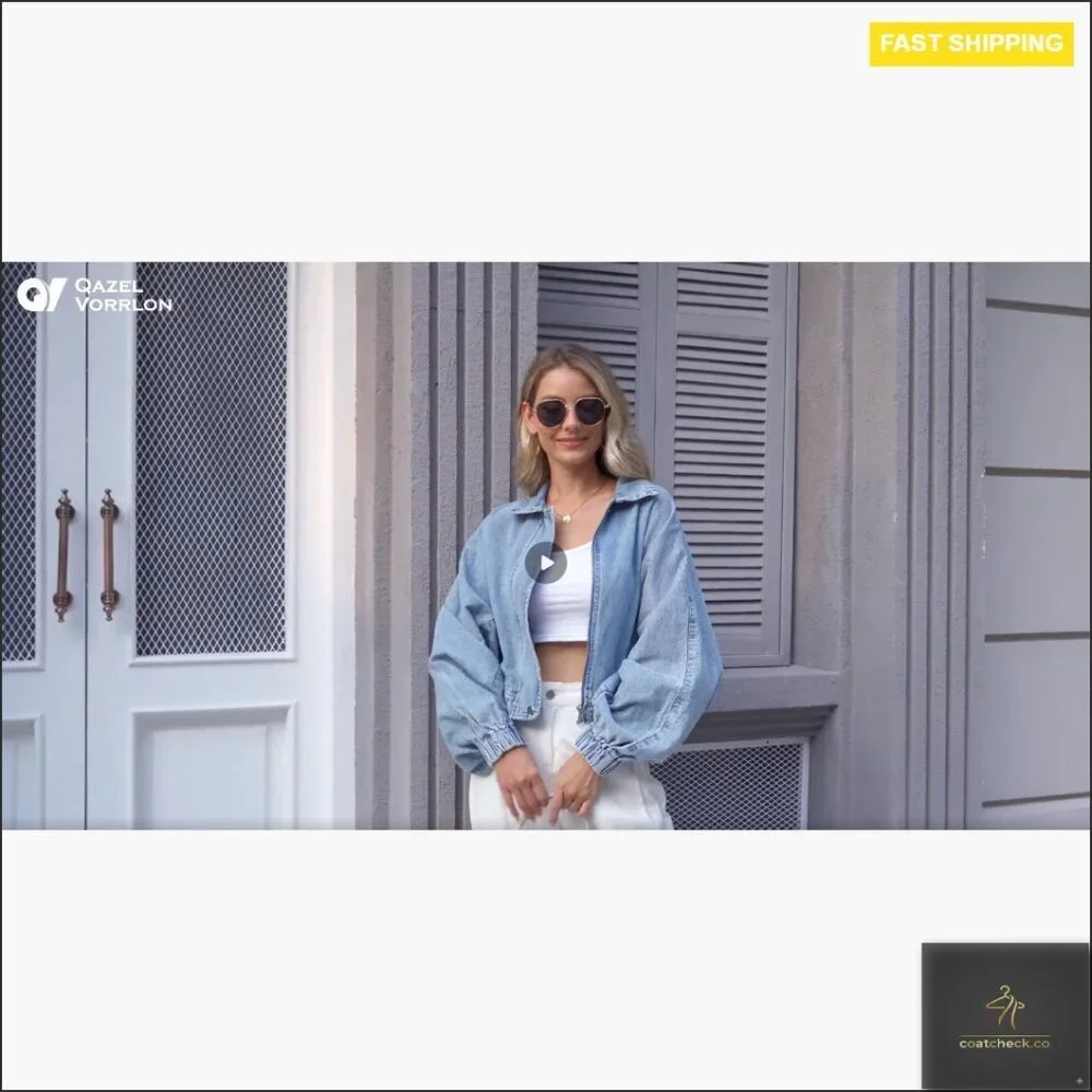 Oversized Cropped Denim Jacket Zip Up Bomber Shacket Light Wash
